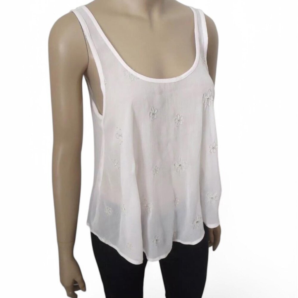 Light Soft Pink Sheer Hollister Co. tank top with embroidered flowers. Size XS - Picture 8 of 9